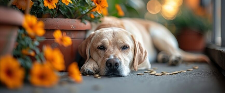 A contented Labrador Retriever resting beneath a rainbow arch, surrounded by pots of gold coins and lush greenery, celebrating St Patrick's Day, Wallpaper Pictures, Background Hd