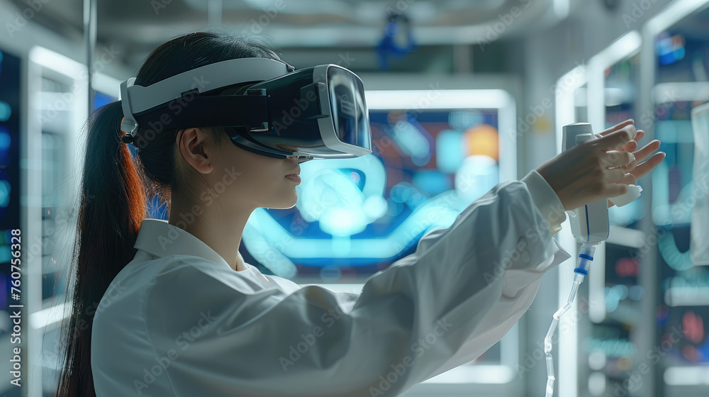 Poster A female worker with VR headset and handset operating a hi-tech medical machine with display on screen as background. Generative AI.