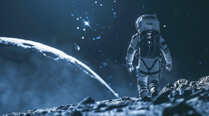 An astronaut in spacesuit stands on surface of Moon, in background rises Earth, illuminated by distant sun. Concept of exploring the galaxy