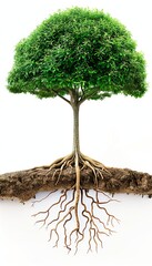 Tall green tree with roots below on blank backdrop providing ample space for text placement