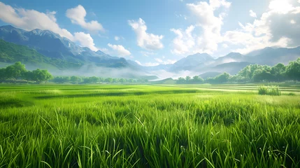 Fotobehang Green rice fields with clear skies  © muhammad