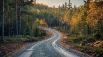Naklejka premium A gravel road winds through a dense evergreen forest. Generative AI.