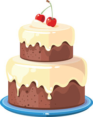 Wedding cake with cherry. Cartoon chocolate pastry