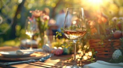 A modern wine glass on a easter breakfast table in a garden, easter themed. Generative AI.
