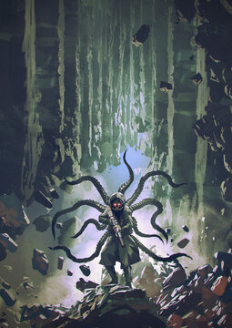 Fototapeta Futuristic mutant soldier holding a gun standing on a rock, digital art style, illustration painting 