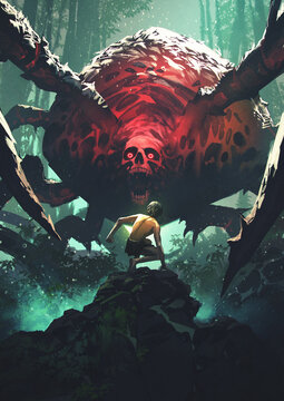 Fototapeta Primitive man encounters a giant red spider with a skull head, digital art style, illustration painting