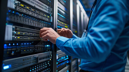 close-up of a person's hands working on a server or network equipment in a data center with blue lighting