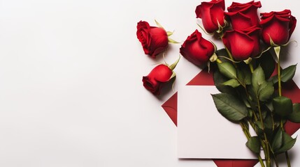 Minimalistic flat lay featuring red roses and a Valentines Day card  AI generated illustration