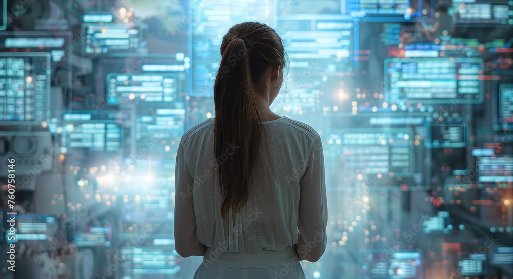 Aufkleber a woman watches holograms on a screen. business technology. system engineering. generative ai.
