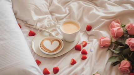 Simplistic design of a romantic Valentines breakfast in bed flat lay view  AI generated illustration