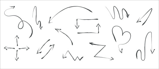 hand drawn black vector curved arrow set in grunge style	
