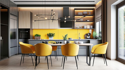 Contemporary interior, chic kitchen with yellow paneled wall, cabinetry, sleek countertops and yellow dining chairs