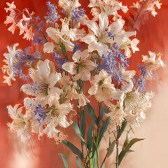 Bluebell Flower Bouquet on Red Background with Subtle Shadows Gen AI