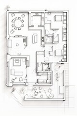 Subdued line drawing of a minimalist apartment floor plan  AI generated illustration