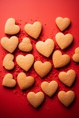 Fototapeta premium Thin crisp cookies arranged in heart shape for Valentines Day flat lay AI generated illustration