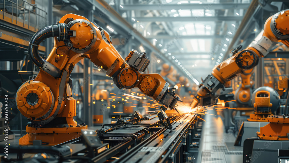 Poster A giant futuristic robotic factory assembly line with towering machines, and sparks flying from welding robots. Generative AI.