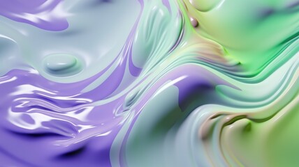 The close up of a glossy liquid surface abstract in lavender, mint green, and olive green colors...
