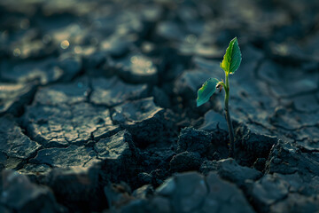 Close up of rising sprout on dry ground
