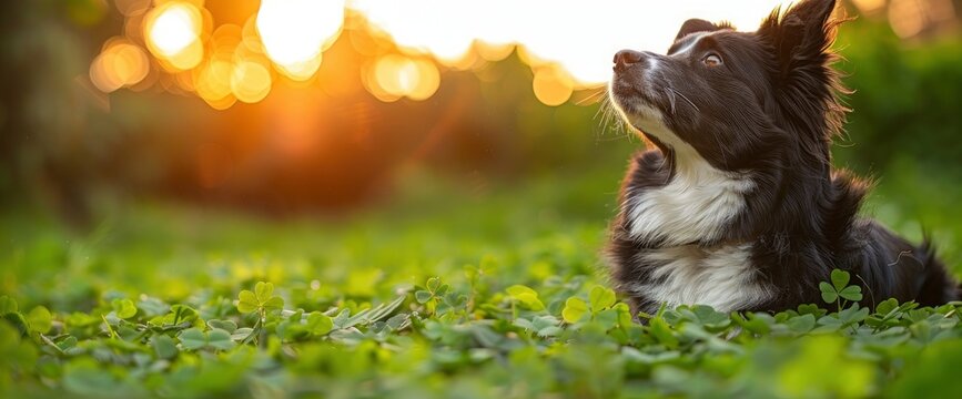 A curious Border Collie sniffing a cluster of four-leaf clovers in a sun-drenched meadow, with sunlight filtering through the trees and a beer bottle nearby, Wallpaper Pictures, Background Hd