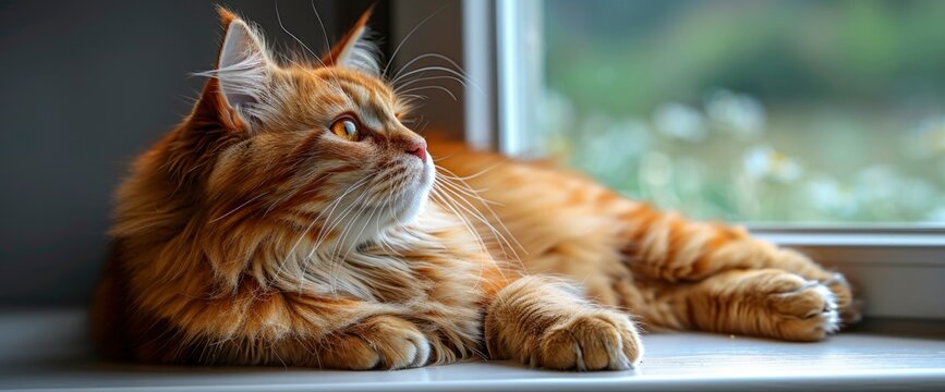 A curious Maine Coon cat perched on a sun-drenched windowsill, with a view of rolling hills and blooming wildflowers outside , Wallpaper Pictures, Background Hd