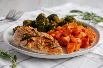 Homemade One Pan Chicken And Veggies on a Plate, low angle view.