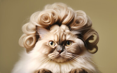 Funny portrait of a cat with a stylish vintage retro wavy curly hairstyle