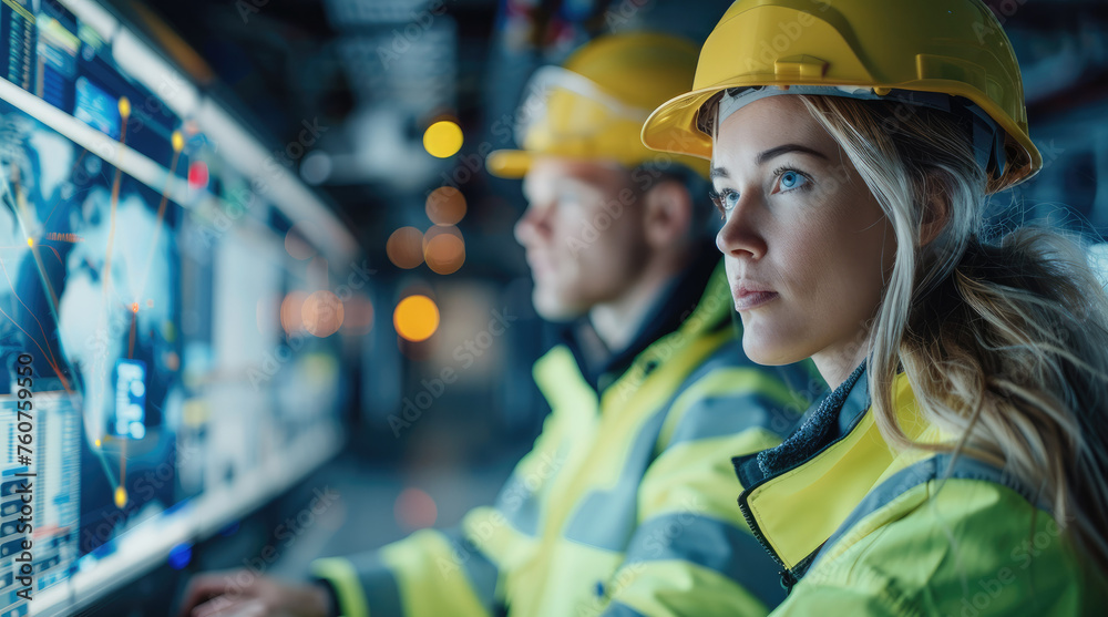 Poster a male and female technician in high-visibility jackets analyze data on a digital interface in a net