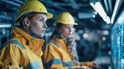 A male and female technician in high-visibility jackets analyze data on a digital interface in a network operations center. Generative AI.