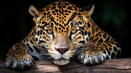 Portrait of a jaguar lying on a tree in the Amazon jungle