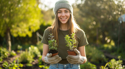 Obraz premium young woman with a beanie, smiling and holding two small potted plants
