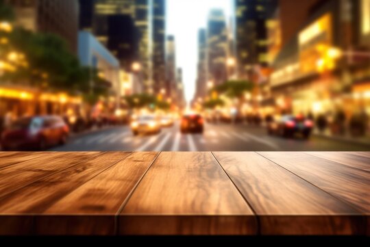 The empty wooden table top with blur background of street in downtown business district with people walking. Exuberant image. generative AI