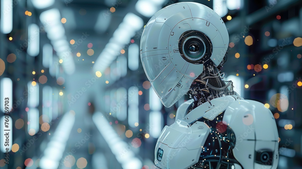 Poster AI content creation robot managing many social media accounts. Generative AI.