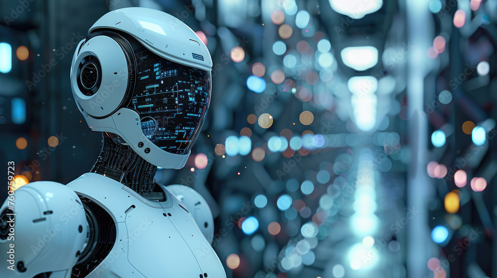 Poster AI content creation robot managing many social media accounts. Generative AI.
