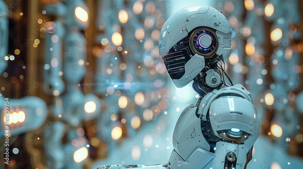 Poster AI content creation robot managing many social media accounts. Generative AI.