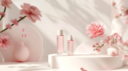 Fototapeta na wymiar Capture the beauty of spring with a table display featuring a pink rose product showcased
