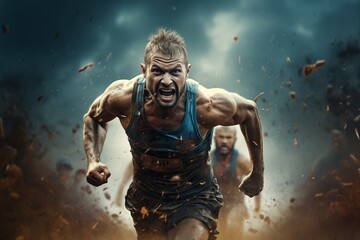 Man running fiercely through explosive background