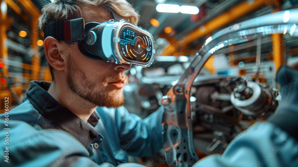 Poster Industrial automotive production and an engineer using VR glasses to observe the mechanical part of a car. Generative AI.