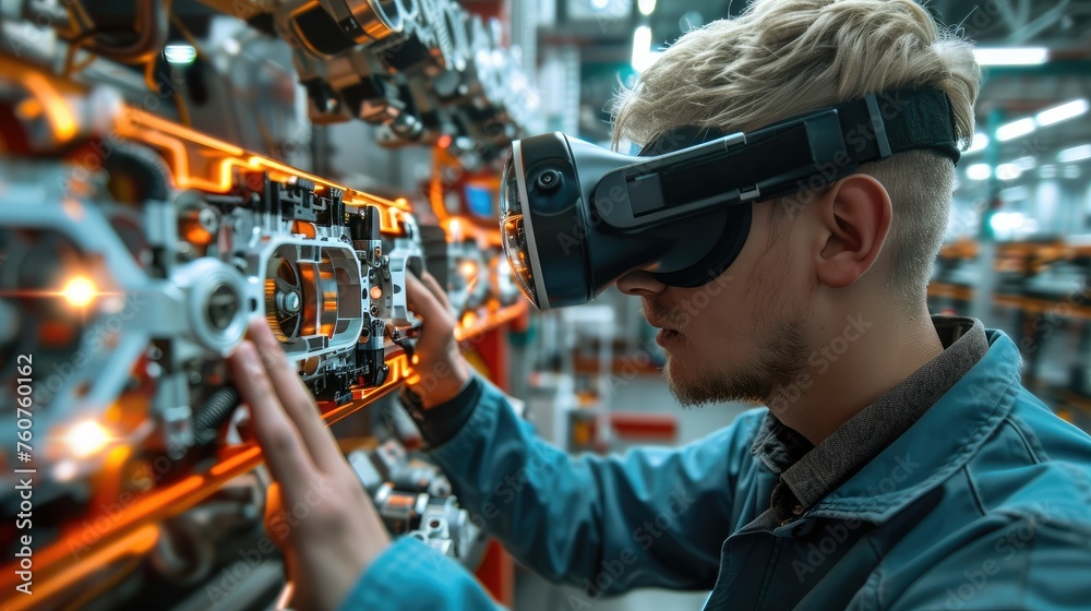 Poster Industrial automotive production and an engineer using VR glasses to observe the mechanical part of a car. Generative AI.