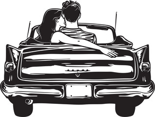 Sunset Cruise Iconic Emblem of Couples Back View in Convertible Car Convertible Comfort Vector Illustration of Loving Couple in Car from Behind