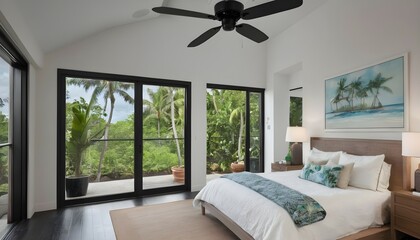 A sleek black ceiling fan suspended from the high ceiling, gently circulating the air and creating a refreshing breeze in the tropical-inspired bedroom. - obrazy, fototapety, plakaty