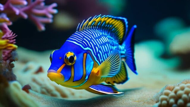 Exotic blue and orange fish in an aquarium, Synchiropus splendidus, mandarinfish in a tank with coral.