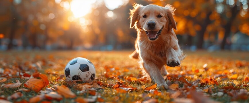 A dynamic scene captures the exhilarating sight of a dog dribbling a soccer ball with skill and finesse, his playful antics bringing joy to the game
