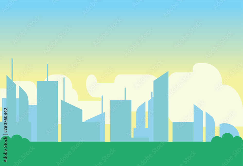 Wall mural sunrise city skyline background. downtown skyscrapers silhouettes