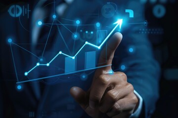 Obraz premium Businessman touching glowing upward arrow on virtual screen