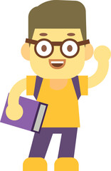 School boy color icon. Funny kid with book and backpack