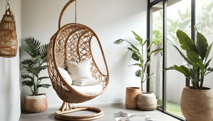 An intricately designed rattan hanging chair suspended from the ceiling, adding a touch of bohemian elegance to the modern Bali-inspired bedroom. - obrazy, fototapety, plakaty
