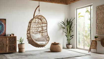 An intricately designed rattan hanging chair suspended from the ceiling, adding a touch of bohemian elegance to the modern Bali-inspired bedroom. - obrazy, fototapety, plakaty