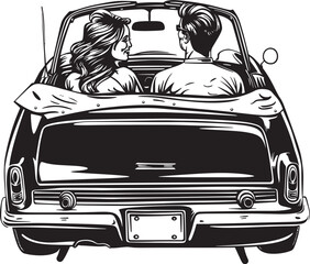 Romantic Roadster Emblematic Icon of Couples Back View in Convertible Topless Tenderness Vector Design of Loving Couple in Convertible Car