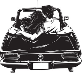 Windshield Whispers Vector Illustration of Loving Couple in Convertible Car Romantic Roadster Emblematic Icon of Couples Back View in Convertible