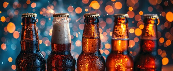 A festive display of beer bottles lined up against the backdrop of a dazzling fireworks show, each bottle glistening with condensation in the glow of the colorful explosions, Wallpaper Pictures, Backg - obrazy, fototapety, plakaty